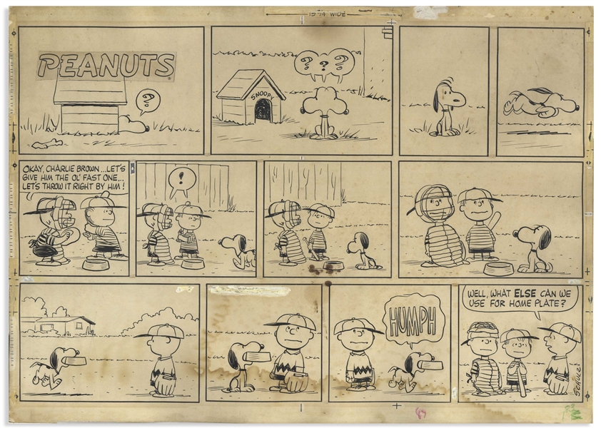 Charles Schulz Original Hand-Drawn Sunday Peanuts Comic Strip From 1960 -- In This Very Cute Strip, Snoopy Reclaims His Dinner Bowl, Used by Charlie Brown for Home Plate in the Baseball Game